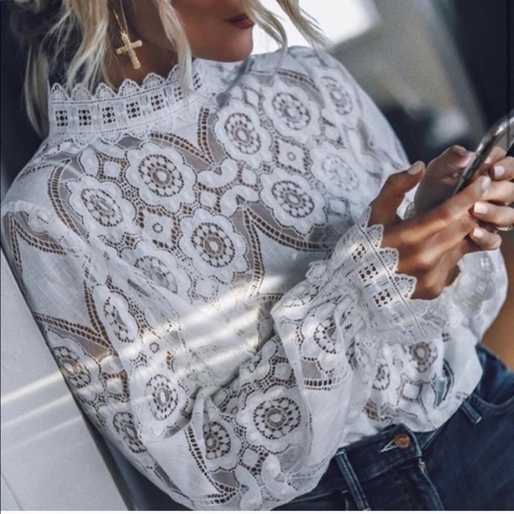 𝓵𝓪𝓼𝓽 𝓸𝓷𝓮 | Lace Mock Neck Blouse - Picture 3 of 6